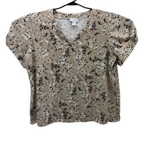Liz Claiborne Tan Floral Design Cotton Short Sleeve Top Womens XXL T-Shirt